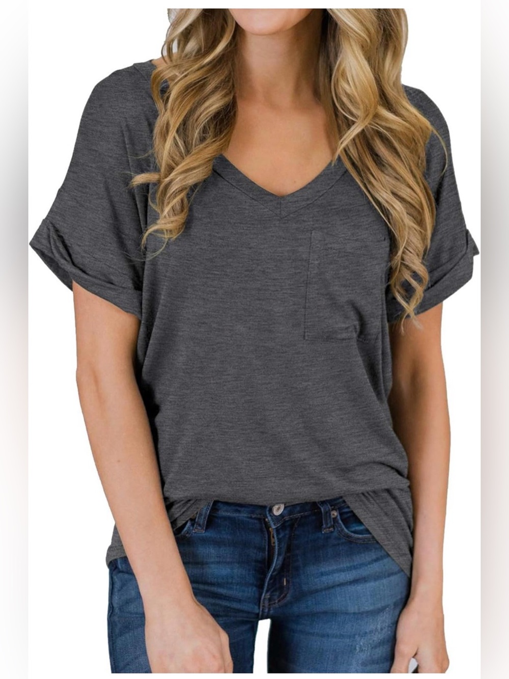 MIHOLL Dark Gray V-Neck Pocket Tee | Size Large | Roll Sleeve Casual Top
